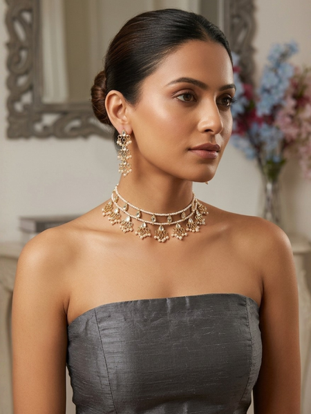 Gold Plated Ethnic Choker Set with Earrings | Kundan Polki Jewellery Set for Women