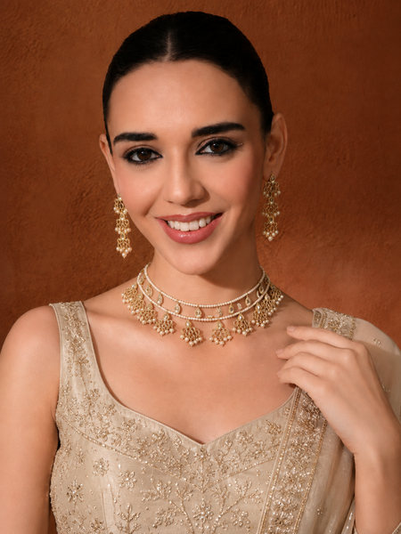 Gold Plated Ethnic Choker Set with Earrings | Kundan Polki Jewellery Set for Women