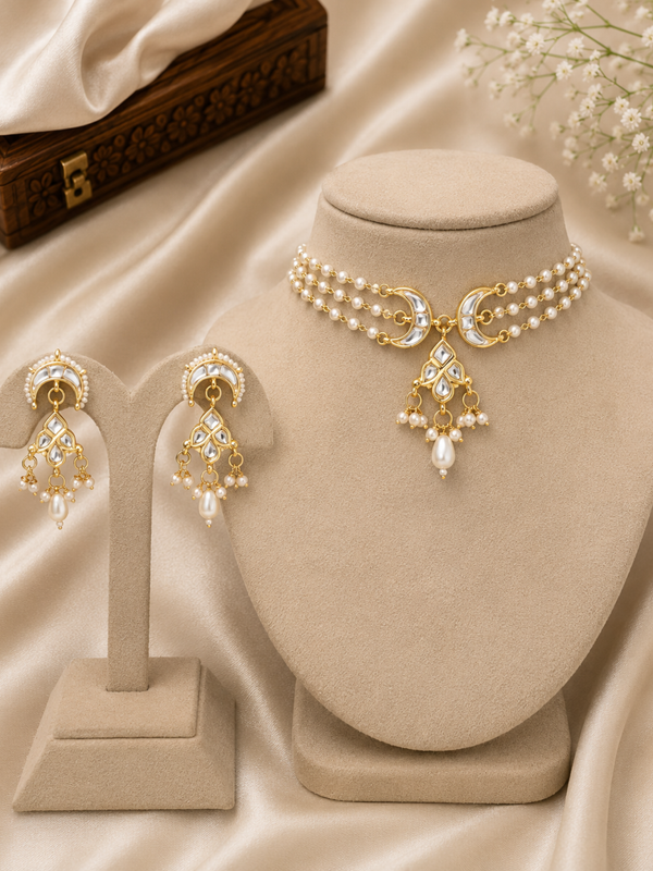Gold Plated White Pearl Choker Set for Women