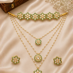 Gold Plated Green Long Necklace Set for Women