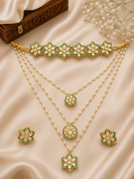 Gold Plated Green Long Necklace Set for Women
