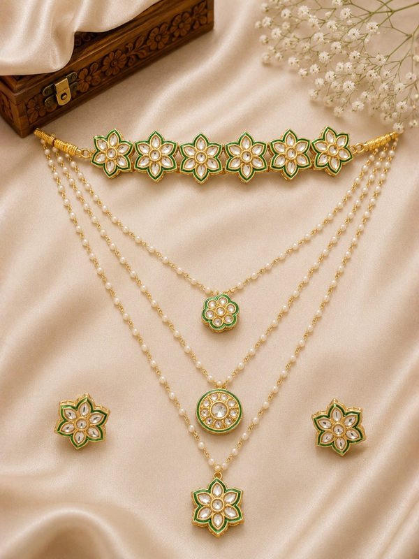 Gold Plated Green Long Necklace Set for Women