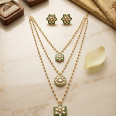 Gold Plated Green Long Necklace Set for Women