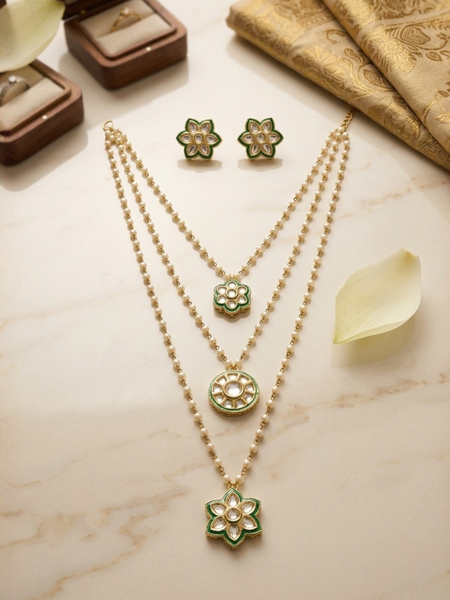 Gold Plated Green Long Necklace Set for Women