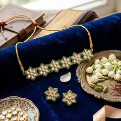 Gold Plated Green Long Necklace Set for Women