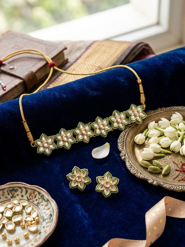Gold Plated Green Long Necklace Set for Women