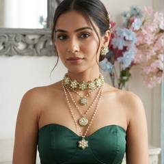 Gold Plated Green Long Necklace Set for Women
