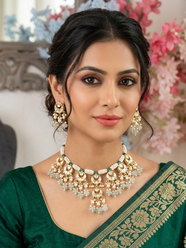 Gold Plated Green Necklace Set for Women