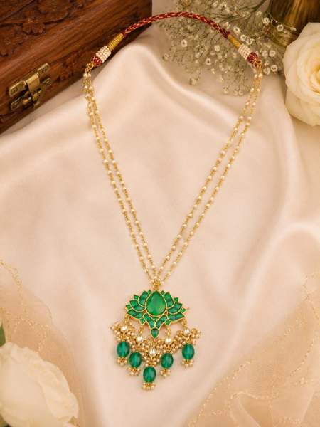 Gold Plated Green Long Necklace Set for Women