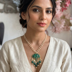 Gold Plated Green Long Necklace Set for Women