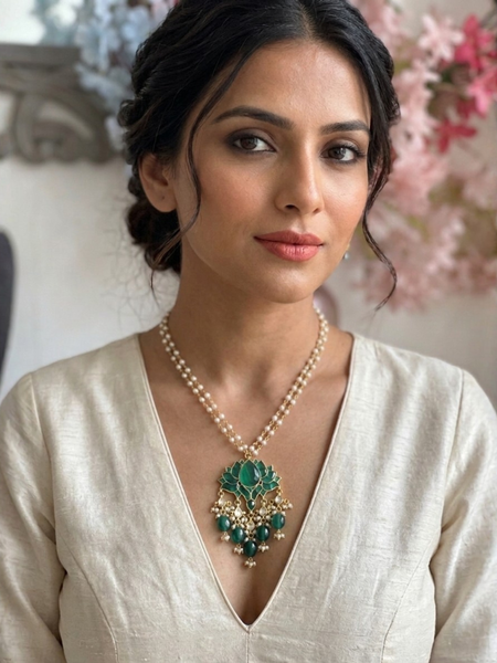 Gold Plated Green Long Necklace Set for Women
