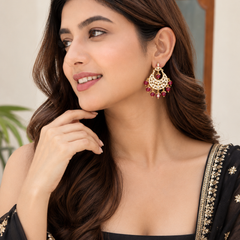 Gold Finish Earrings With Maroon Drops