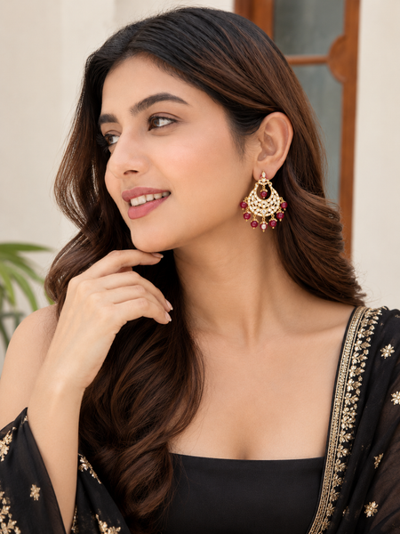Gold Finish Earrings With Maroon Drops