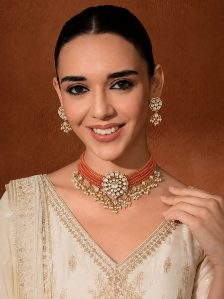 Gold Finish Beaded Kundan Choker Set