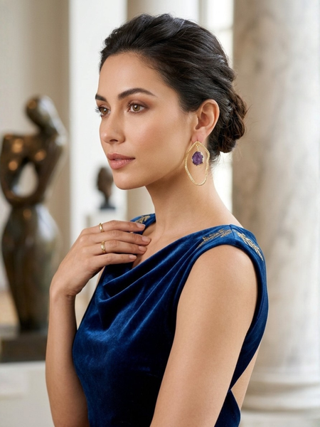 Gold Modern Earrings With Floating Amethyst Stone Frame