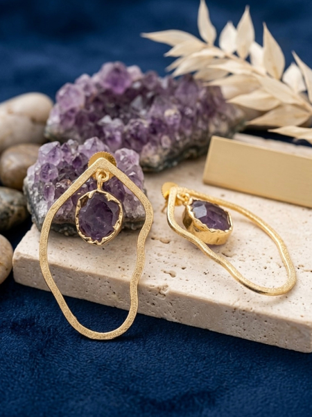 Gold Modern Earrings With Floating Amethyst Stone Frame