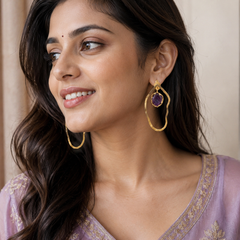 Gold Modern Earrings With Floating Amethyst Stone Frame