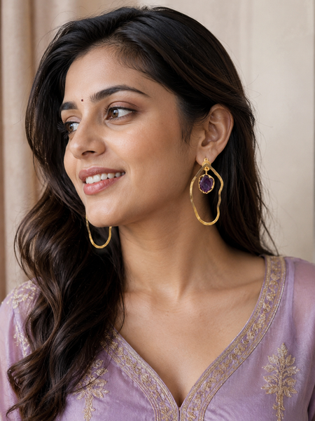 Gold Modern Earrings With Floating Amethyst Stone Frame
