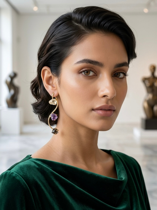 Gold Multi Gemstone Earrings With Three Tier Drop