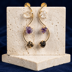 Gold Multi Gemstone Earrings With Three Tier Drop