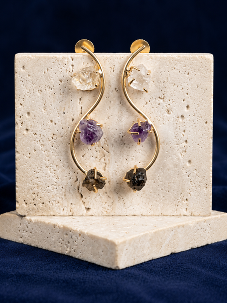 Gold Multi Gemstone Earrings With Three Tier Drop