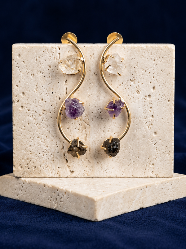 Gold Multi Gemstone Earrings With Three Tier Drop