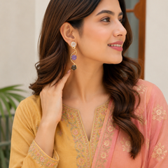 Gold Multi Gemstone Earrings With Three Tier Drop