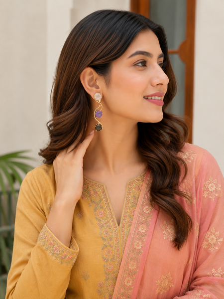 Gold Multi Gemstone Earrings With Three Tier Drop