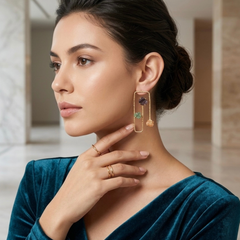 Gold Elegant Earrings With Three Tier Stone Frame
