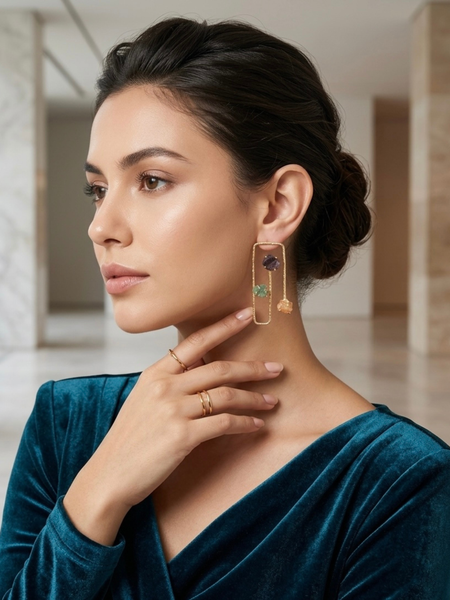 Gold Elegant Earrings With Three Tier Stone Frame