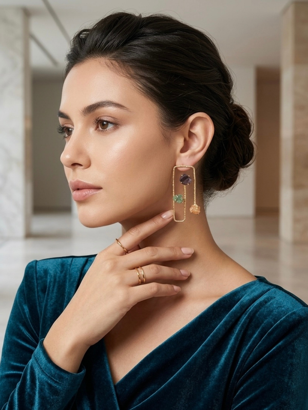 Gold Elegant Earrings With Three Tier Stone Frame