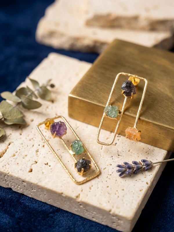 Gold Elegant Earrings With Three Tier Stone Frame