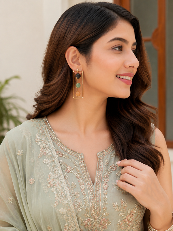 Gold Elegant Earrings With Three Tier Stone Frame