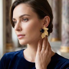 Gold Leaf Earrings With Black Faceted Stone Detail