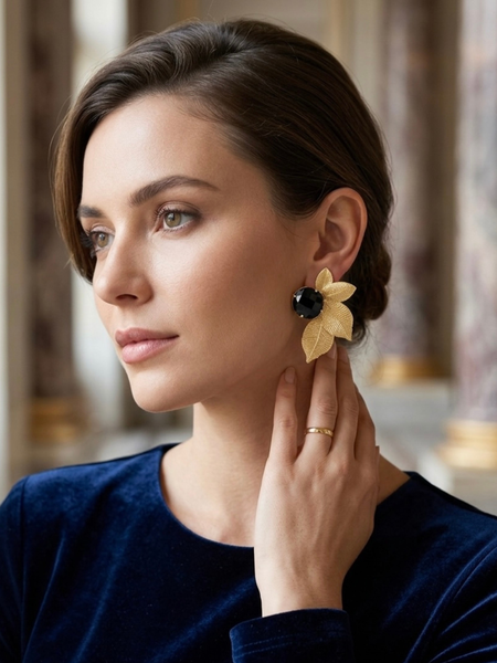 Gold Leaf Earrings With Black Faceted Stone Detail