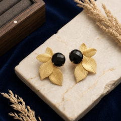 Gold Leaf Earrings With Black Faceted Stone Detail