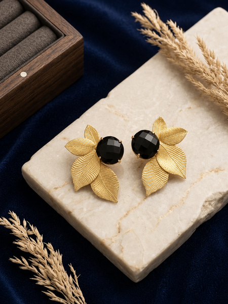 Gold Leaf Earrings With Black Faceted Stone Detail