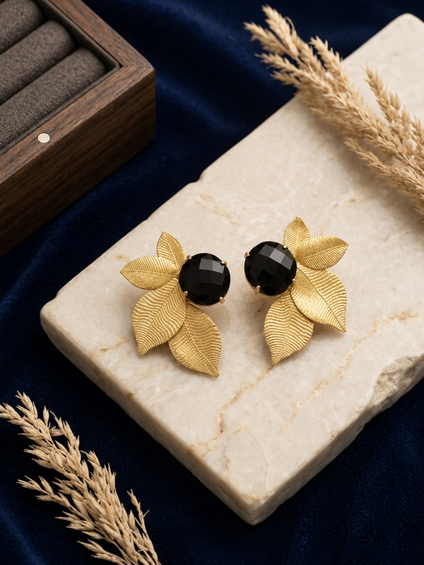 Gold Leaf Earrings With Black Faceted Stone Detail