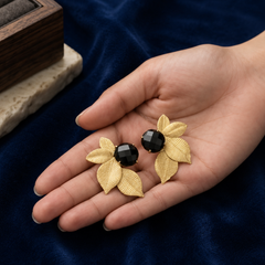 Gold Leaf Earrings With Black Faceted Stone Detail