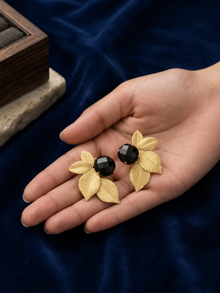Gold Leaf Earrings With Black Faceted Stone Detail