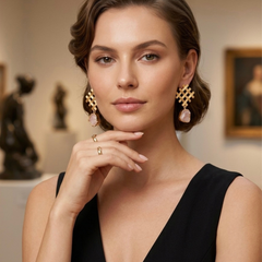 Gold Textured Lattice Earrings With Rose Quartz Detail