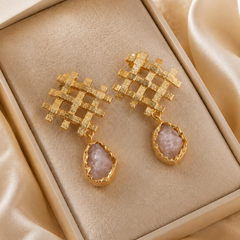 Gold Textured Lattice Earrings With Rose Quartz Detail