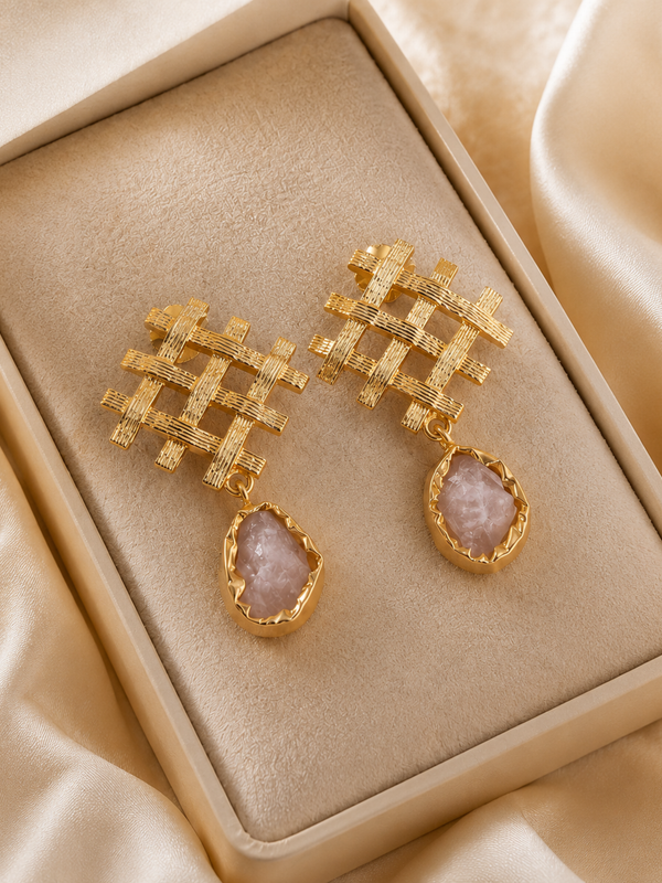 Gold Textured Lattice Earrings With Rose Quartz Detail