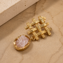 Gold Textured Lattice Earrings With Rose Quartz Detail