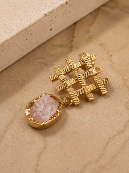 Gold Textured Lattice Earrings With Rose Quartz Detail