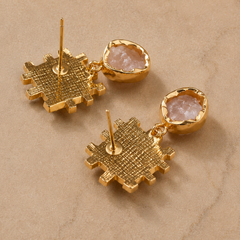 Gold Textured Lattice Earrings With Rose Quartz Detail
