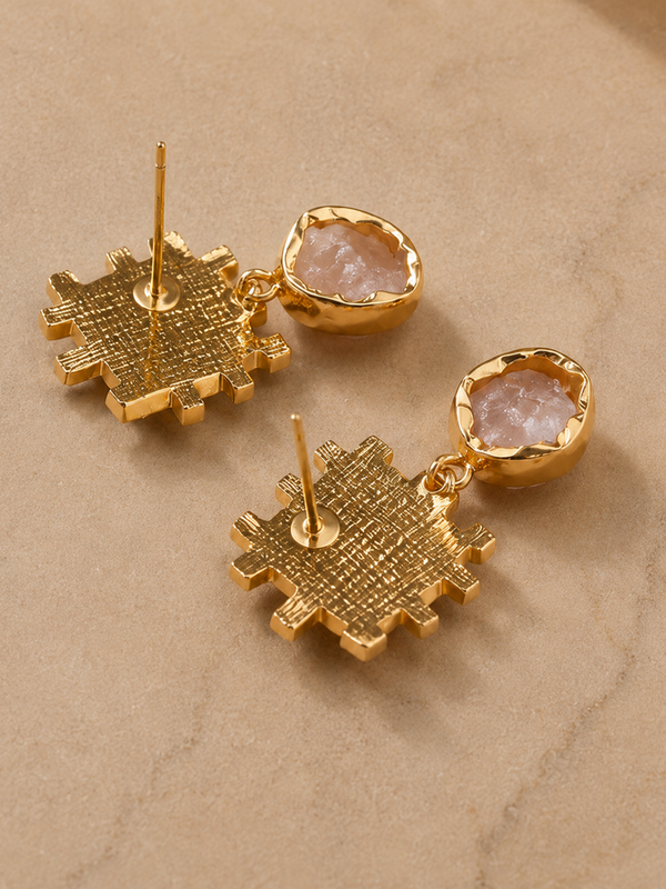 Gold Textured Lattice Earrings With Rose Quartz Detail