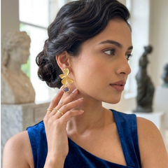 Gold Floral Orchid Earrings With Dangling Amethyst Detail