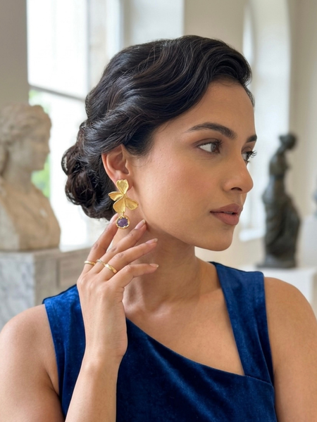 Gold Floral Orchid Earrings With Dangling Amethyst Detail