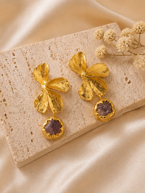 Gold Floral Orchid Earrings With Dangling Amethyst Detail